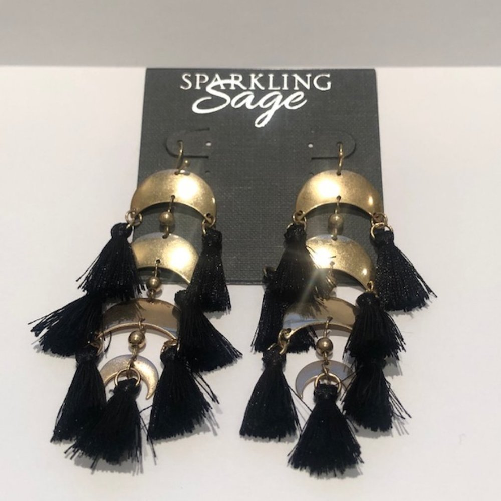 Gold with Black Tassel Earrings